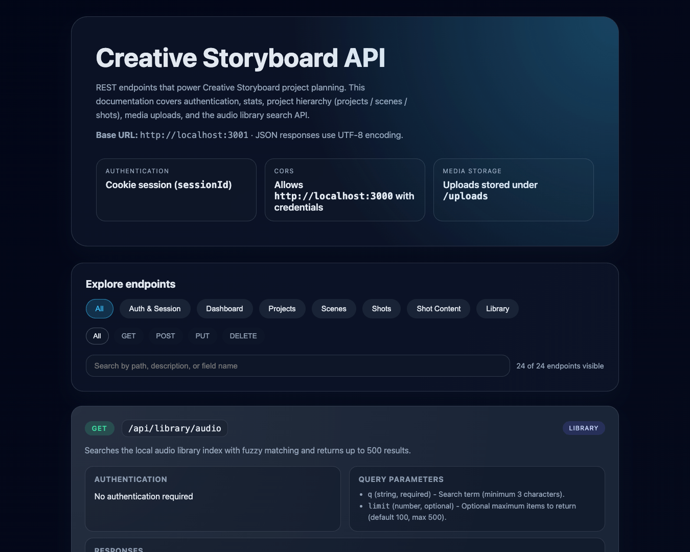 Creative Storyboard API web app preview